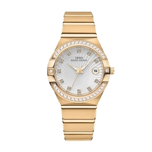 Luxury women's gold steel watch with rhinestone bezel, sunray dial and date display