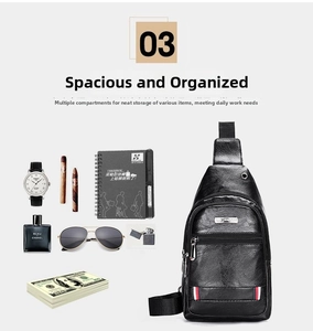 Detail of black leather men's chest bag showing large capacity with daily essentials
