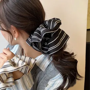Striped Scrunchie Large Satin Satin Texture High Elasticity Black White French Style Hair Tie Elastic Hair Band Women
