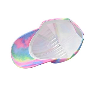 Detailed interior view of a tie-dye cotton sun visor hat with plastic shape support