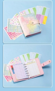 Detail of A7 rainbow PU leather budget binder with 6-ring binder, stickers and budget sheets