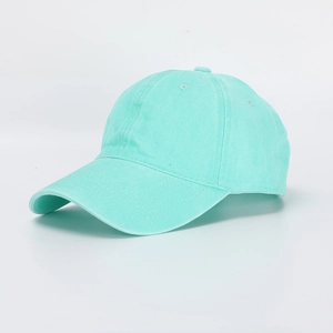 Detail of mint green washed cotton baseball cap with reinforced stitching and curved brim