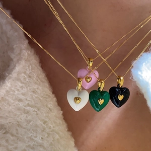 French vintage heart pendant necklace set in pink green and black enamel finish