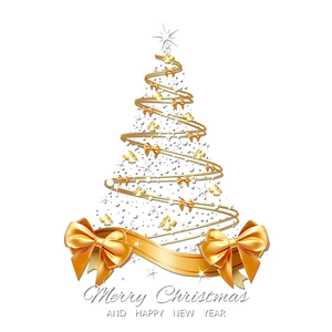 Golden ribbon Christmas tree window sticker with Merry Christmas greeting on white background
