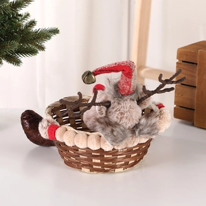 Cute Christmas reindeer woven candy basket with plush doll and bell for festive decor