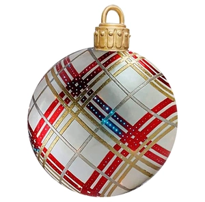 Detailed view of a 60cm white PVC Christmas ball with red and gold plaid pattern