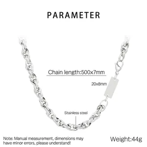 Polished stainless steel chain necklace with square tag dimensions 500x7mm 44g