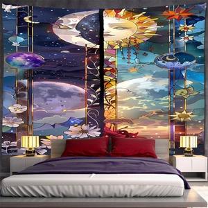 Artistic stained glass tapestry featuring sun and moon design for bedroom wall decor
