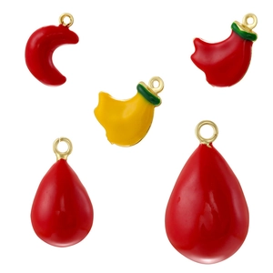 Enamel drop and crescent moon charms in red and yellow with golden metal rings