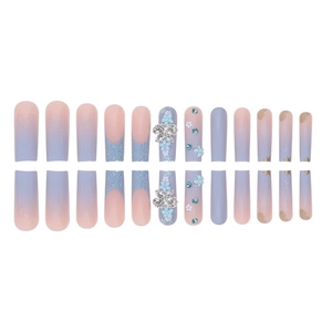 Long coffin fake nails with blue glitter, gradient pink design and 3D bow butterfly