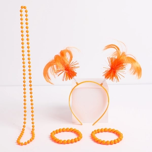 Detail of 4-piece orange party accessory set with fountain headband and bead jewelry