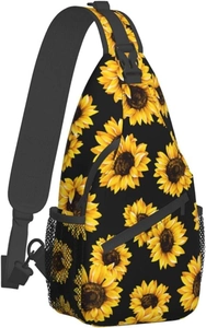 Détail du sac bandoulière à tournesols avec poche filet et sangle réglable
