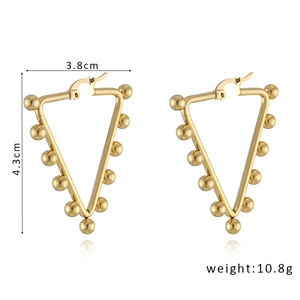 Detail view of gold geometric hoop earrings with metal beads and size specifications