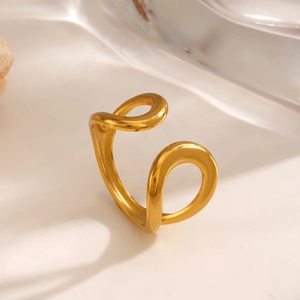 Polished hollow drop-shaped gold open ring with minimalist double-layered wavy design