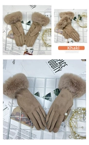 Detailed view of khaki winter gloves with thick faux fur trim and suede finish