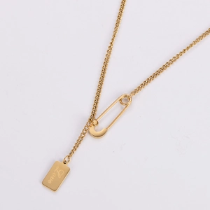 Stainless Steel Necklace 18K Gold Plated Safety Pin And Love Square Tag Pendant Minimalist Jewelry For Women
