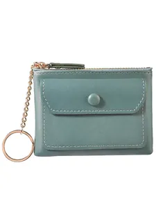 Green mini PU leather coin purse with snap pocket and keychain ring in matte finish