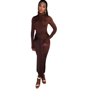 Robe maxi élégante marron chocolat avec col montant, manches longues et lien à la taille
