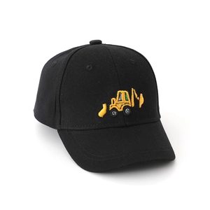 Close-up of yellow excavator embroidery on black cotton twill kids baseball cap