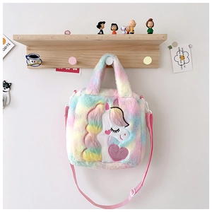 Detail of plush unicorn bag showing rainbow fur texture and adjustable pink strap