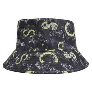 Close-up of the camo print and fluorescent yellow CLIMBER text on this bucket hat