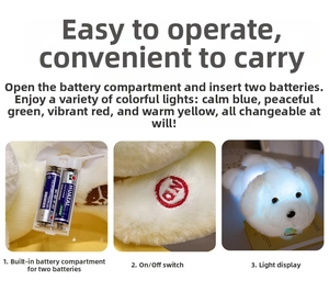 Detail showing the internal battery compartment and ON switch for LED plush dog toy