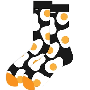Detailed view of mid-calf socks featuring a black base with all-over fried egg pattern