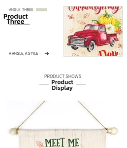 Detail of vintage truck pumpkin banner with wooden rod and rustic twine hanger