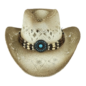 Cappello da cowboy in paglia traforata con perline turchesi e design boho per l'estate