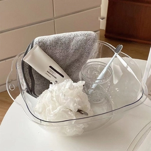 Transparent rectangular washbasin with handles for bathroom storage and skincare organizer