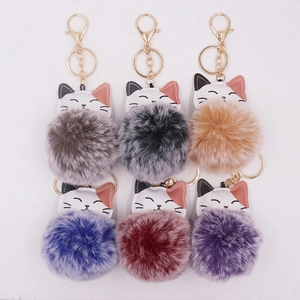 Cute kitten fur ball keychain set in six colors for bags with golden metal clips