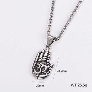 Silver stainless steel Hamsa hand pendant necklace with OM symbol on box chain