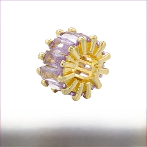 Macro detail of 18K gold plated brass barrel bead with purple zircon and dimensions