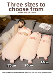 Three sizes of pink plush pig long pillows shown in a cozy bedroom setting