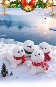 Détail de quatre peluches otaries blanches avec mini écharpes sur glace enneigée