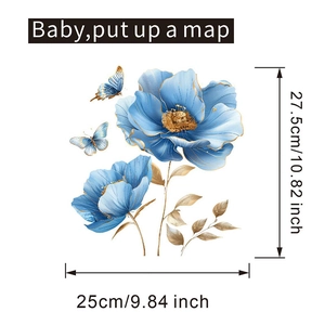 Dimensioni dettagliate degli adesivi per WC con fiori blu e farfalla dorata