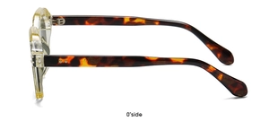 Side view of retro polygon sunglasses featuring tortoise shell temples and clear frames