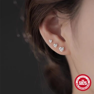 Three-piece set of 925 sterling silver heart-shaped stud earrings with sparkling zircon
