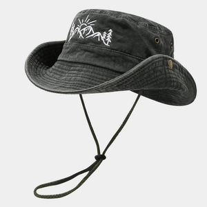 Vintage washed black outdoor boonie hat with mountain embroidery and adjustable chin strap