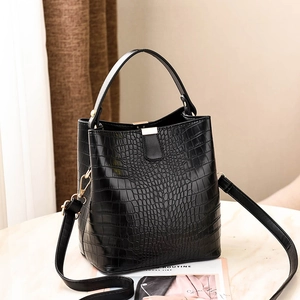 Women Crocodile Pattern PU Leather Bucket Bag Retro Shoulder Handbag With Gold Hardware