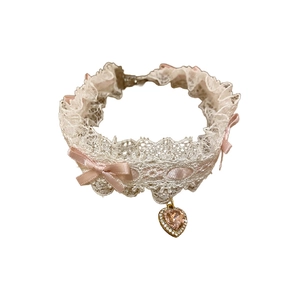 Sweet lace choker necklace with pink bows and sparkling rhinestone heart pendant for women