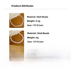 Detail specifications showing 3mm and 5mm shell bead bracelets with sizes and weights