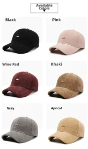 Detailed grid showing 6 colors of herringbone texture baseball caps with gold metal logo