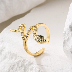 Snake Open Ring For Women Copper 18K Gold Plated Zircon Enamel Adjustable Fashion Jewelry