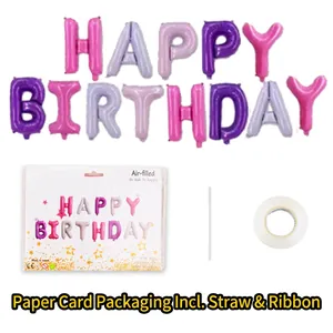 Pink and purple 16-inch Happy Birthday foil balloon kit with straw and ribbon