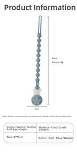 Size guide for food-grade silicone pacifier clip showing 27cm length and product details
