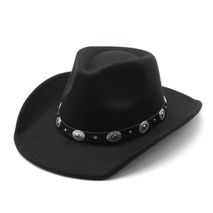 Classic black wool felt fedora hat with wide brim and leather band with metal buckles