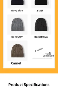 Detail of cable knit beanies in navy, black, grey, brown, and camel color options