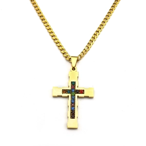 Gold stainless steel cross necklace with colorful rhinestones on elegant Cuban link chain