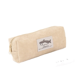 Minimalist beige corduroy shark embroidery pencil case with premium zipper closure
